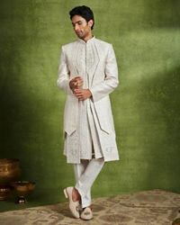 Twamev Men Elegant Cream Art Silk Sherwani Set