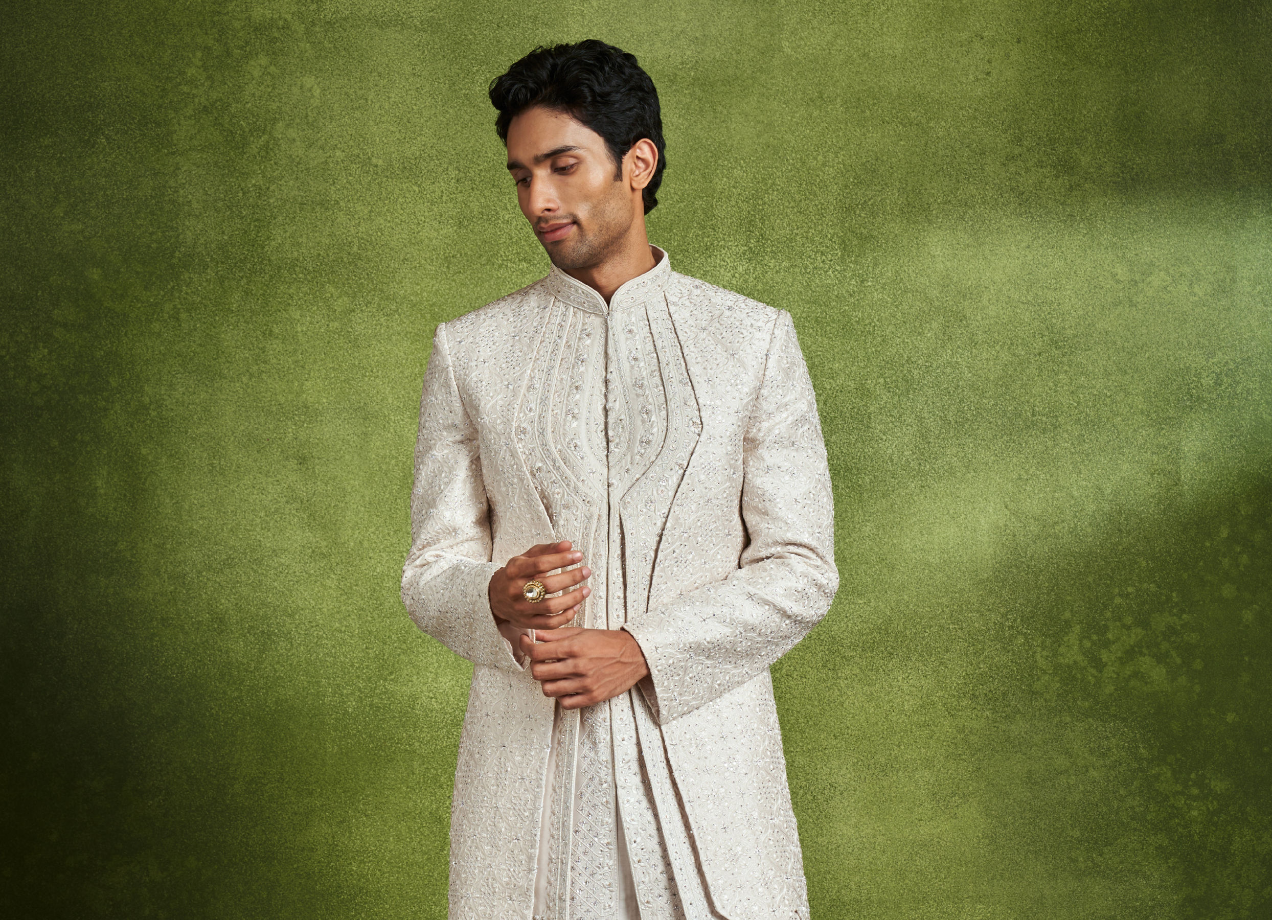 Twamev Men Elegant Cream Art Silk Sherwani Set