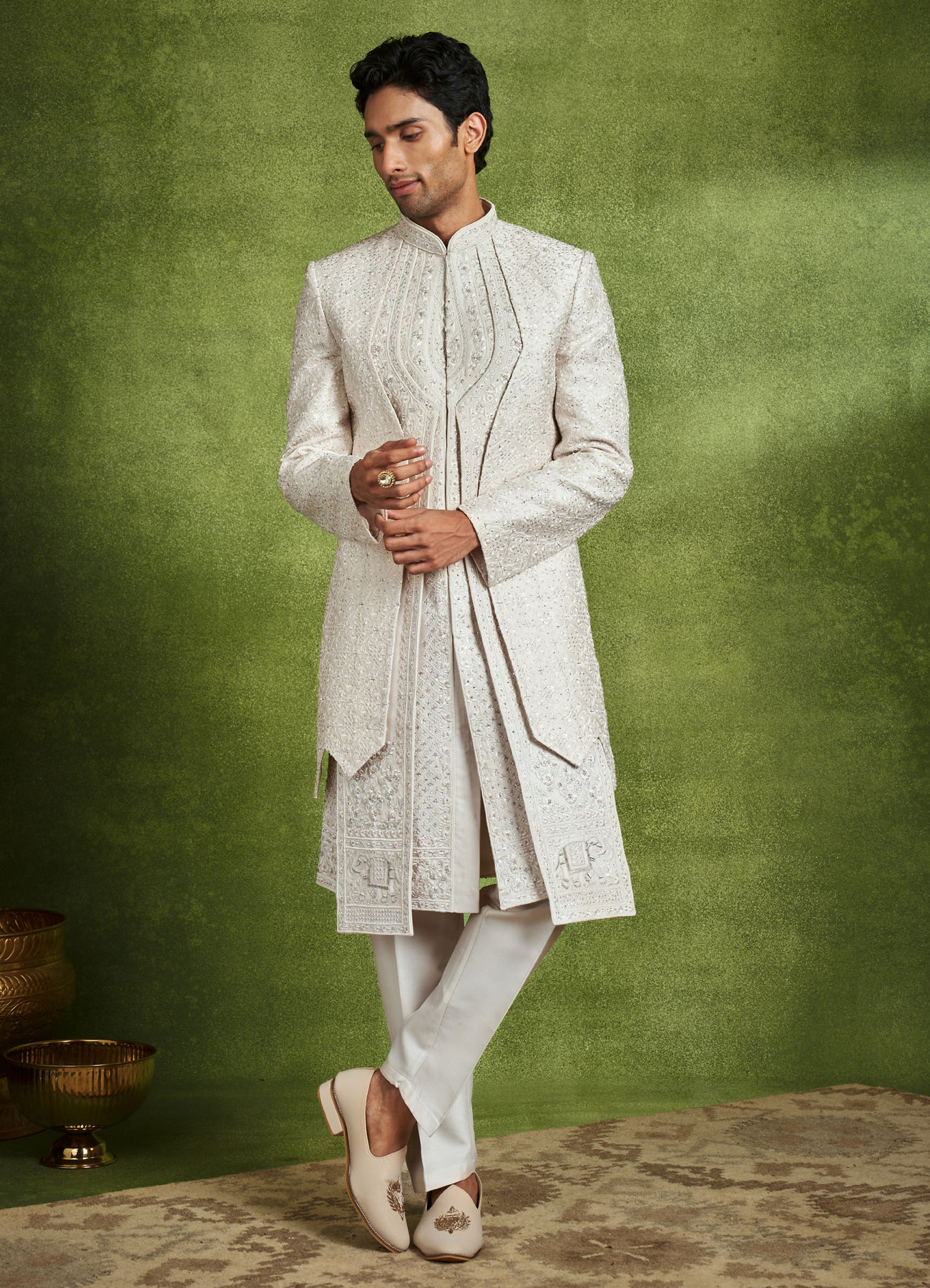 Twamev Men Elegant Cream Art Silk Sherwani Set