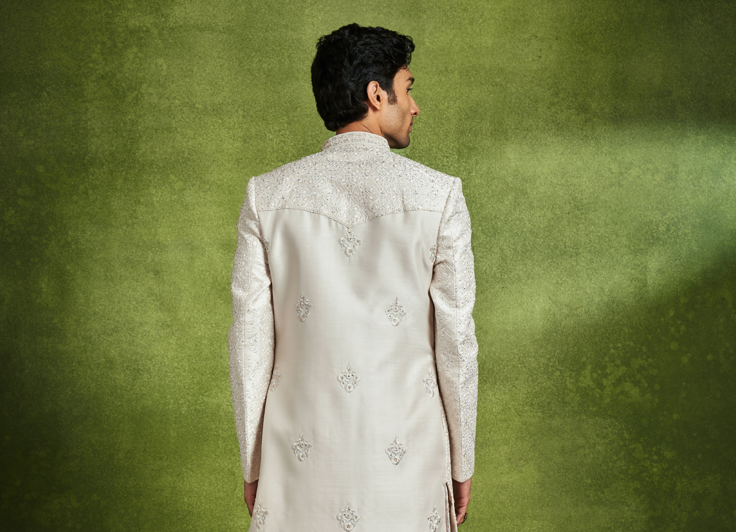 Twamev Men Elegant Cream Art Silk Sherwani Set