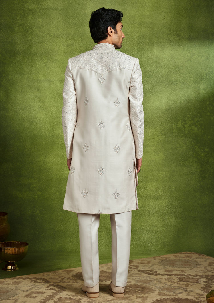 Twamev Men Elegant Cream Art Silk Sherwani Set