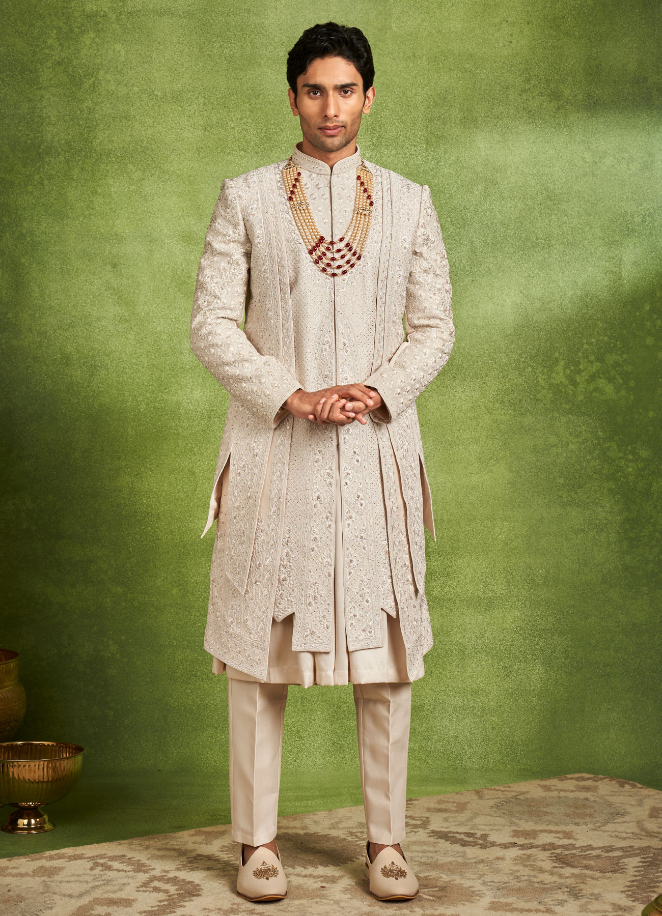 Twamev Men Elegant Cream Sherwani Ensemble