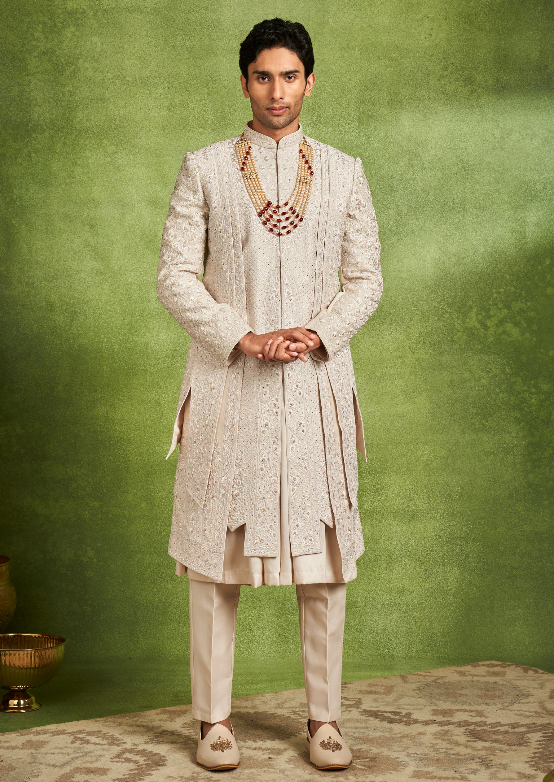 Twamev Men Elegant Cream Sherwani Ensemble