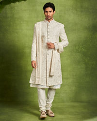 Twamev Men Ivory Silk Resham Stone Embroidered Sherwani