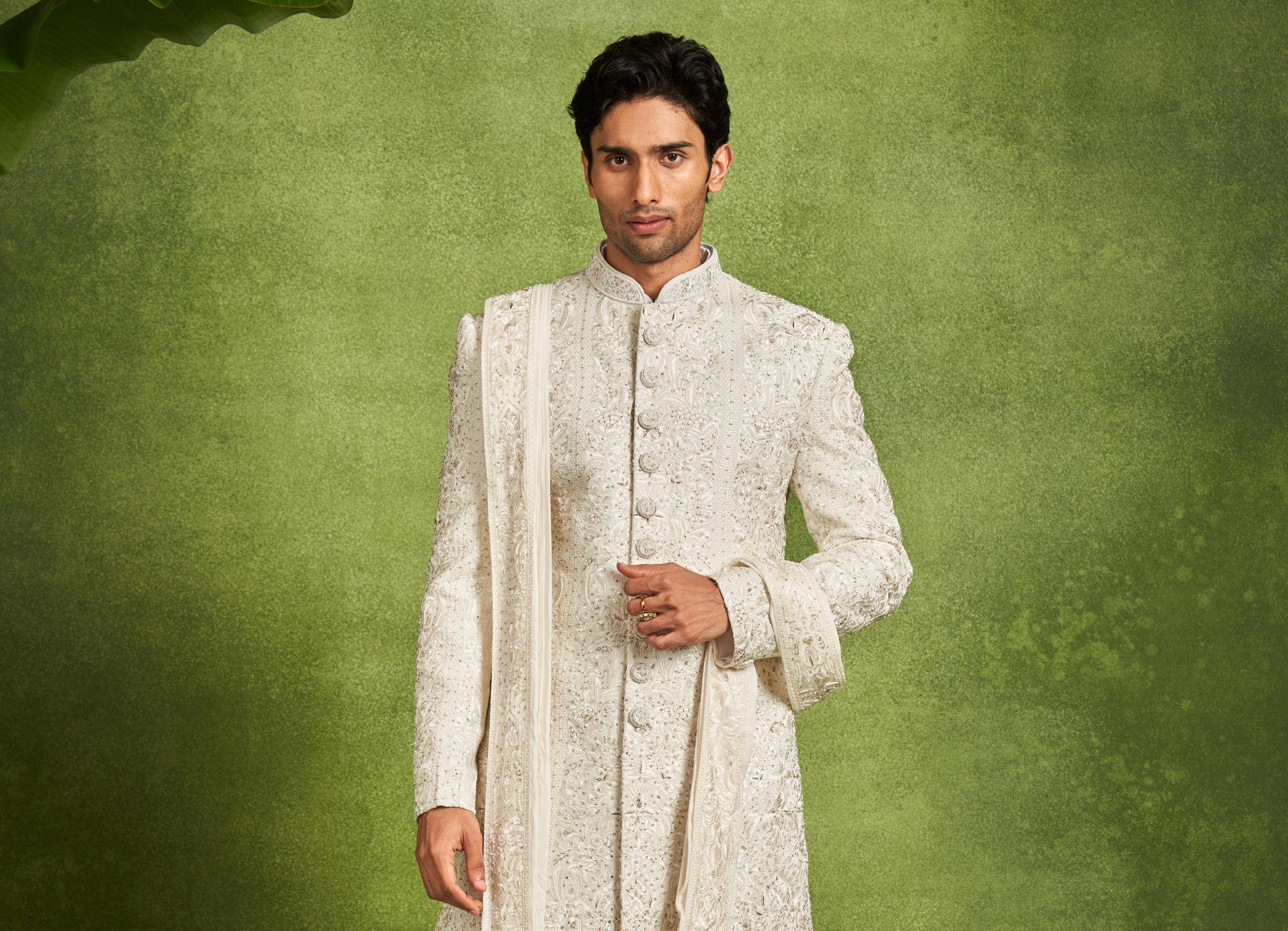 Twamev Men Ivory Silk Resham Stone Embroidered Sherwani