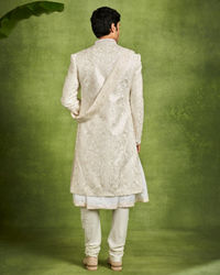 Twamev Men Ivory Silk Resham Stone Embroidered Sherwani