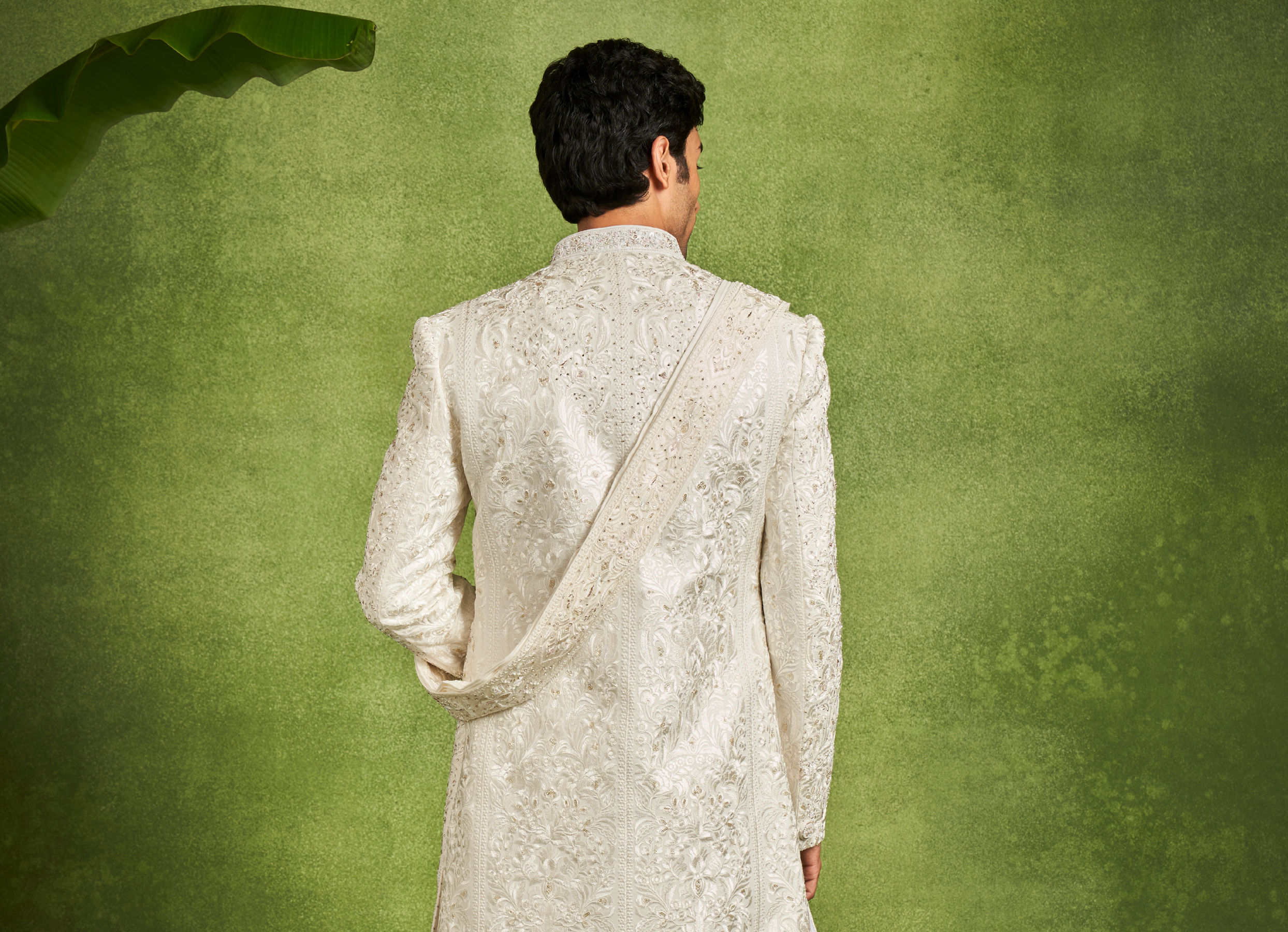 Twamev Men Ivory Silk Resham Stone Embroidered Sherwani