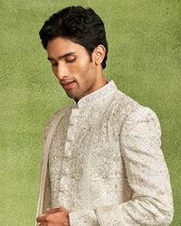 Twamev Men Ivory Silk Resham Stone Embroidered Sherwani