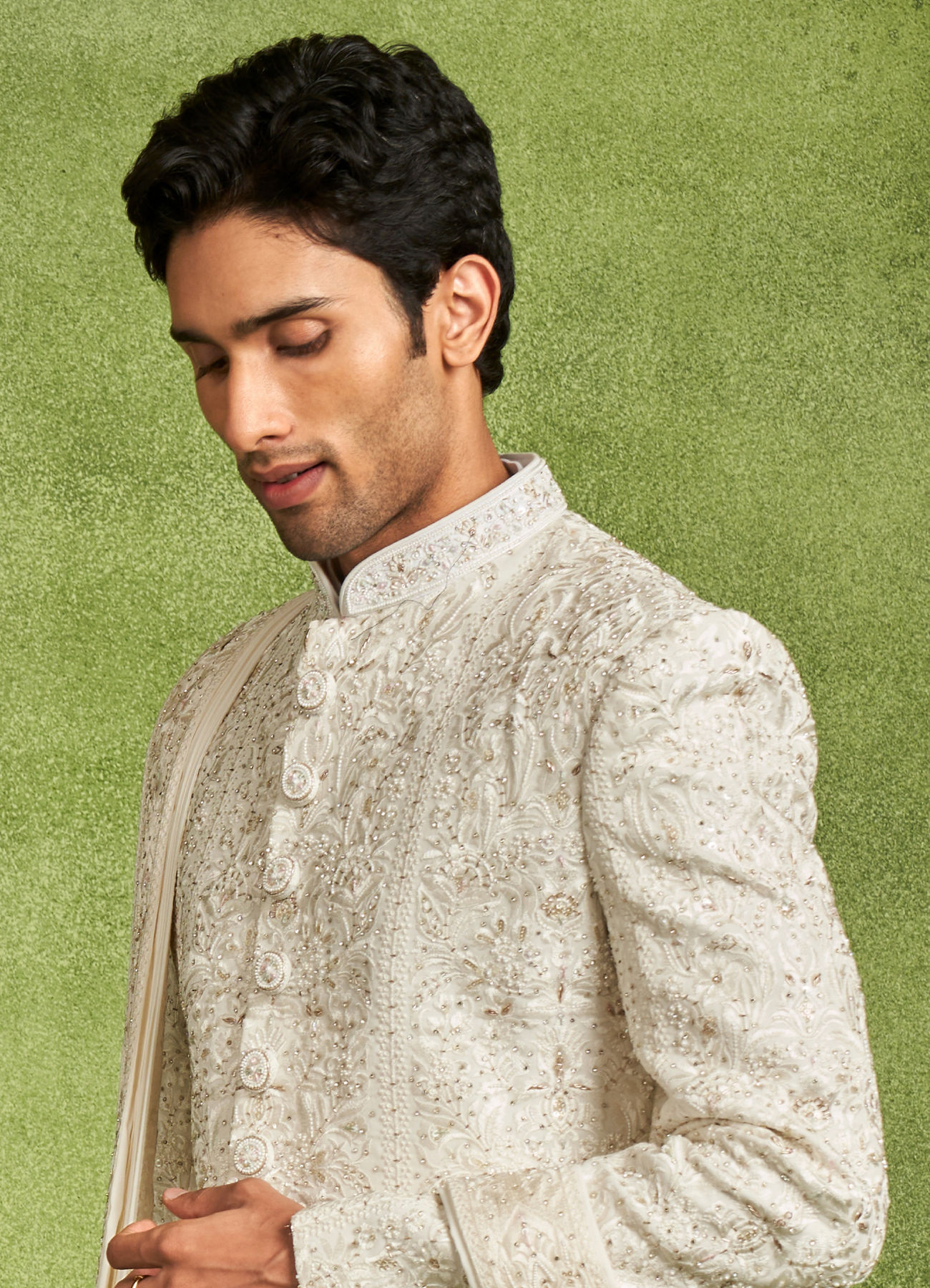 Twamev Men Ivory Silk Resham Stone Embroidered Sherwani