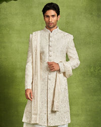 Twamev Men Ivory Silk Resham Stone Embroidered Sherwani