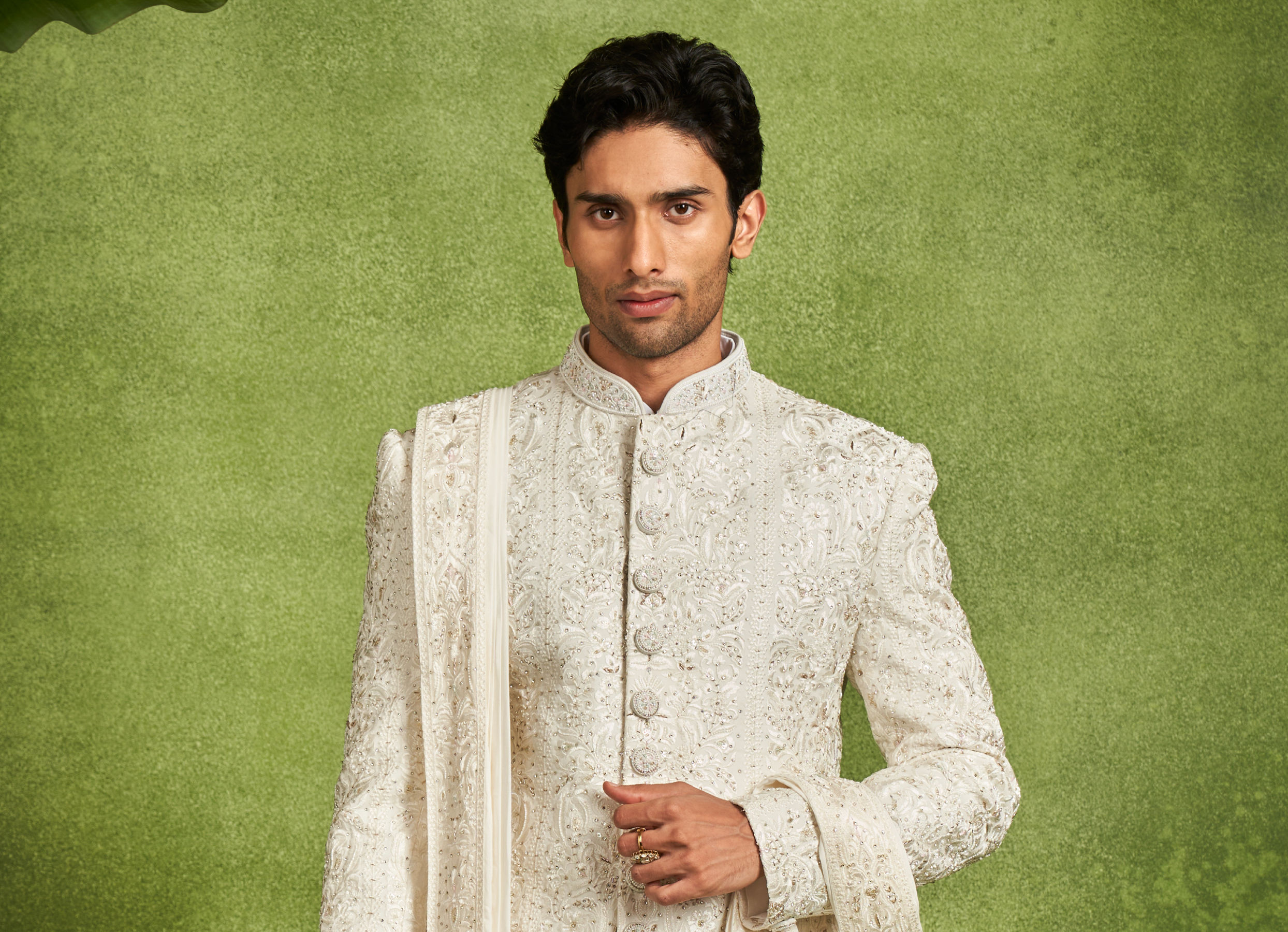 Twamev Men Ivory Silk Resham Stone Embroidered Sherwani