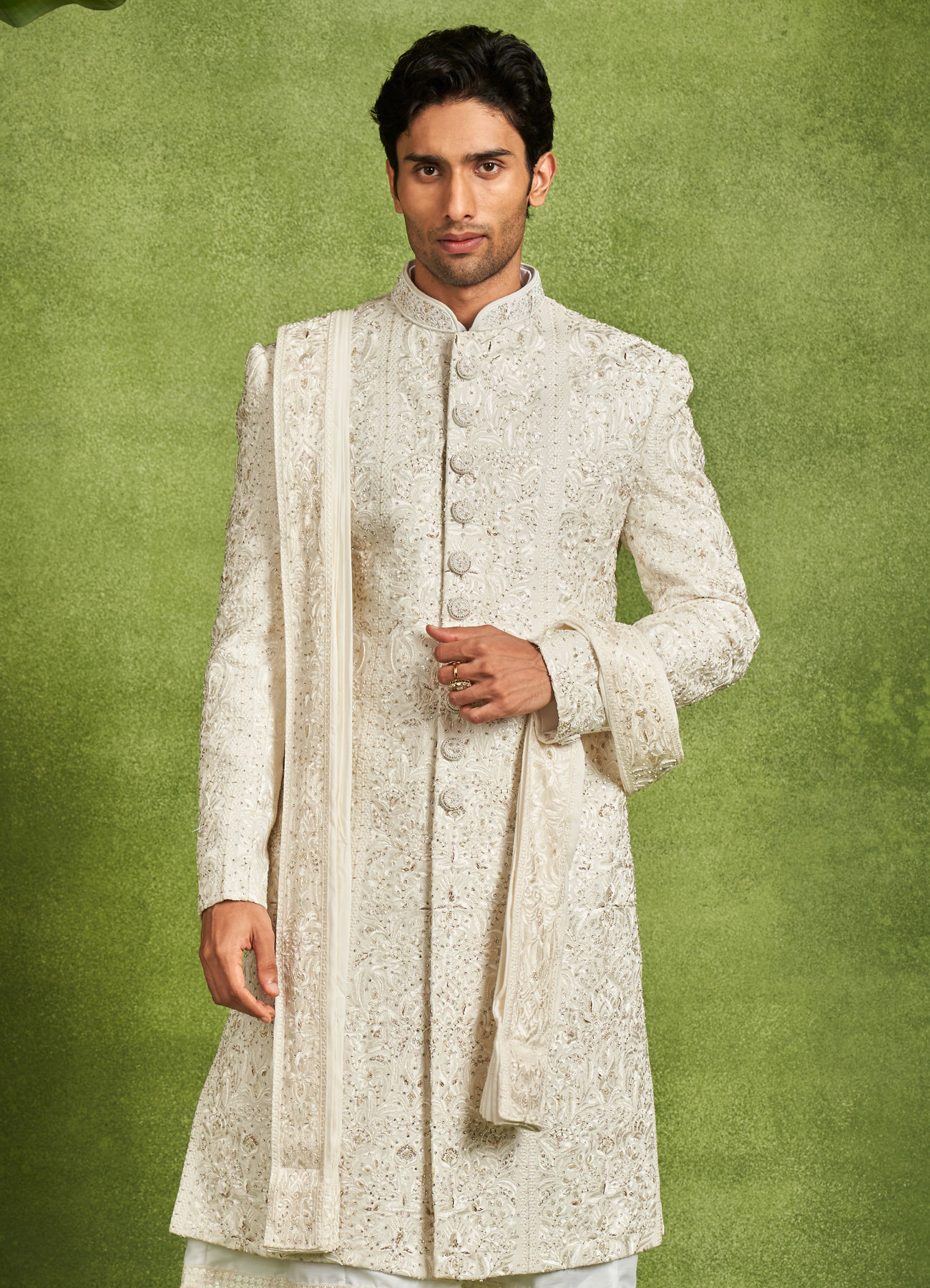Twamev Men Ivory Silk Resham Stone Embroidered Sherwani