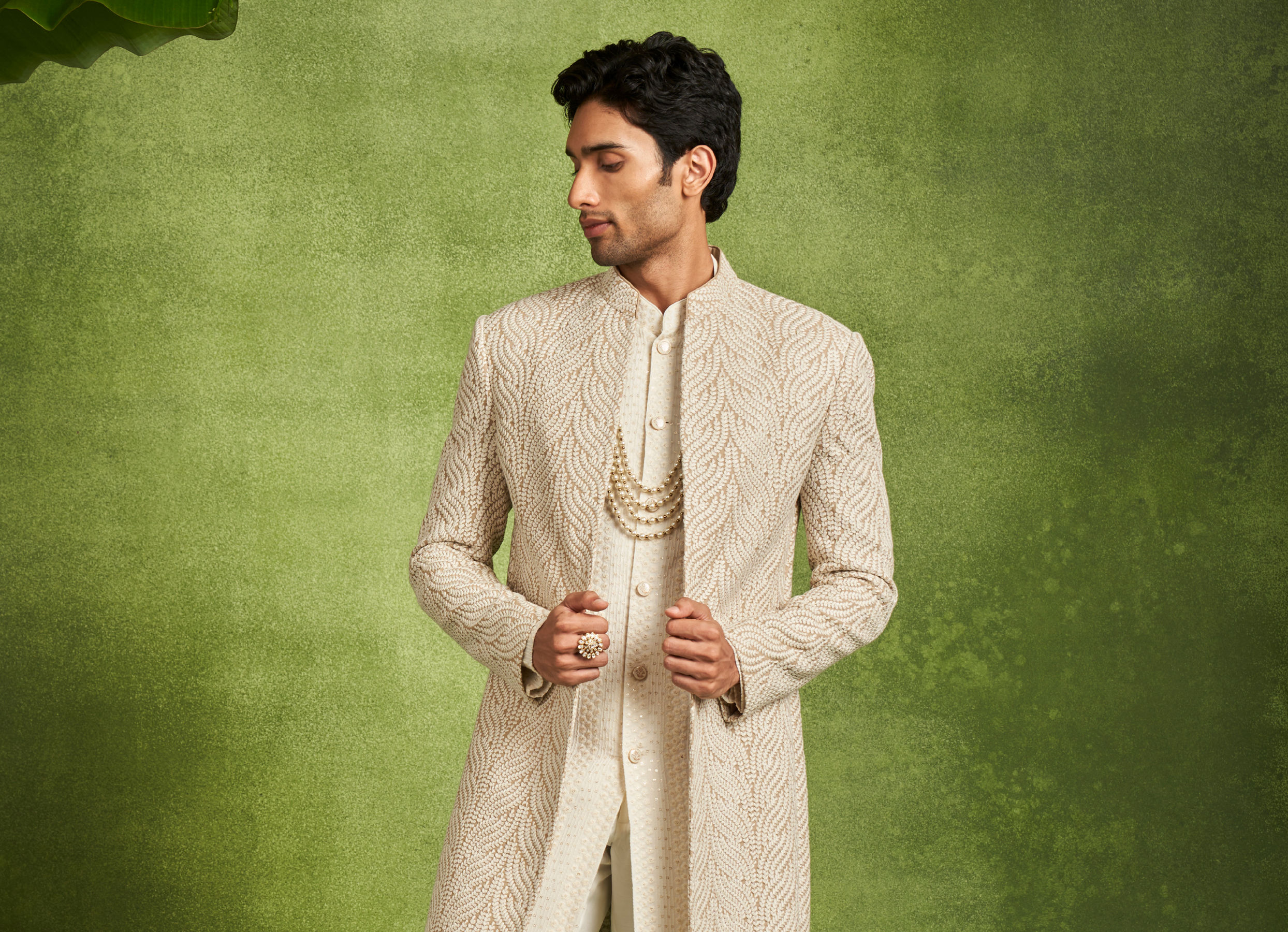 Twamev Men Beige Georgette Grandeur Indo Western