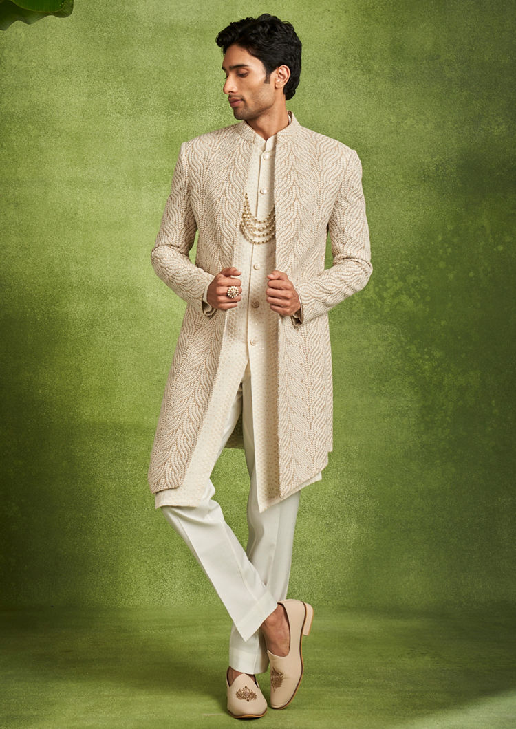 Twamev Men Beige Georgette Grandeur Indo Western