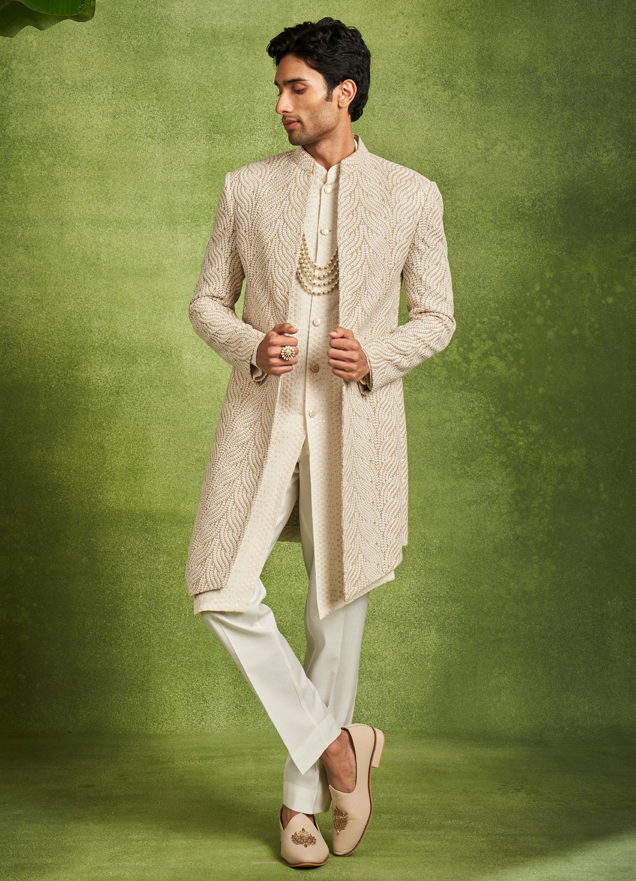 Twamev Men Beige Georgette Grandeur Indo Western