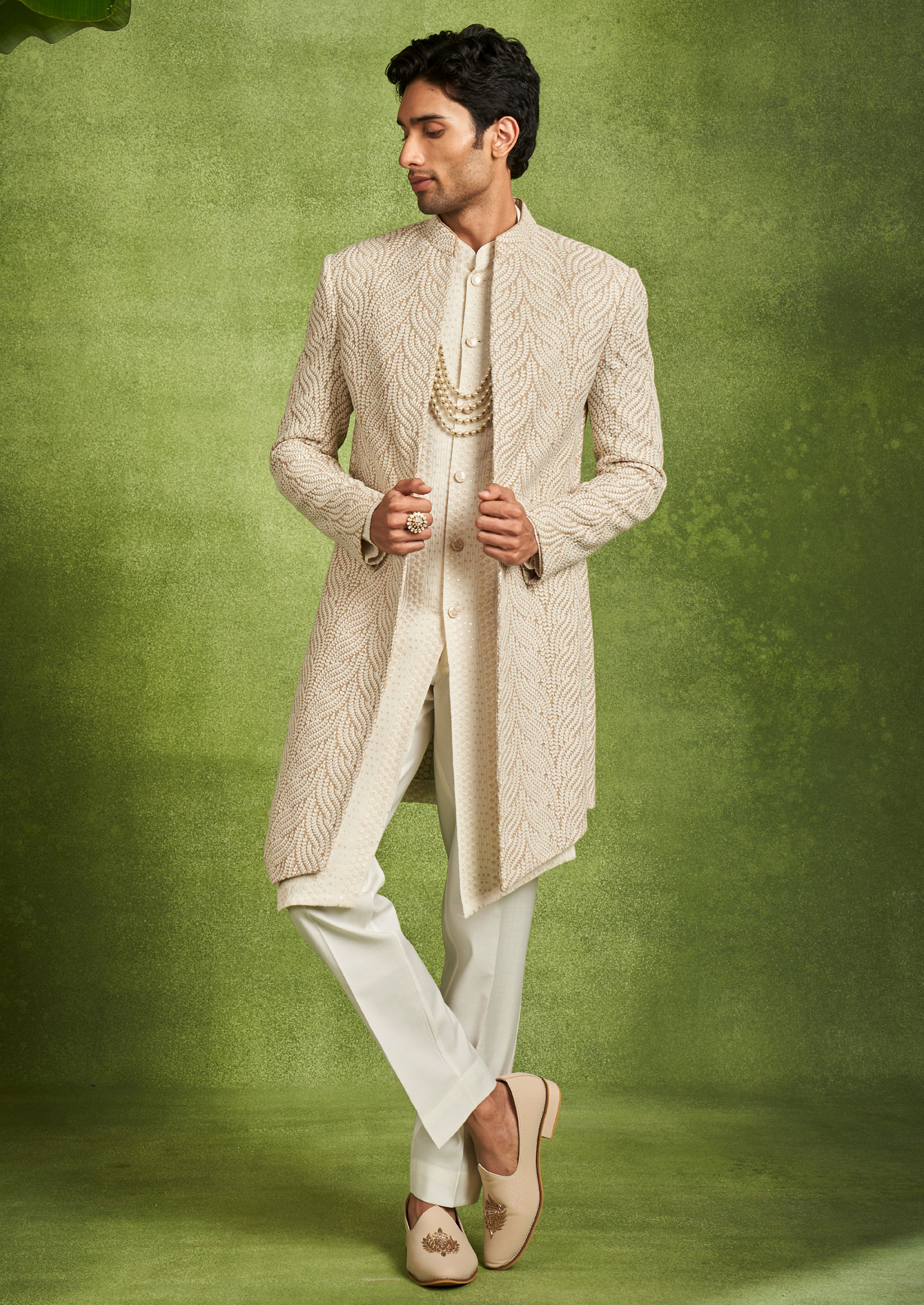 Twamev Men Beige Georgette Grandeur Indo Western