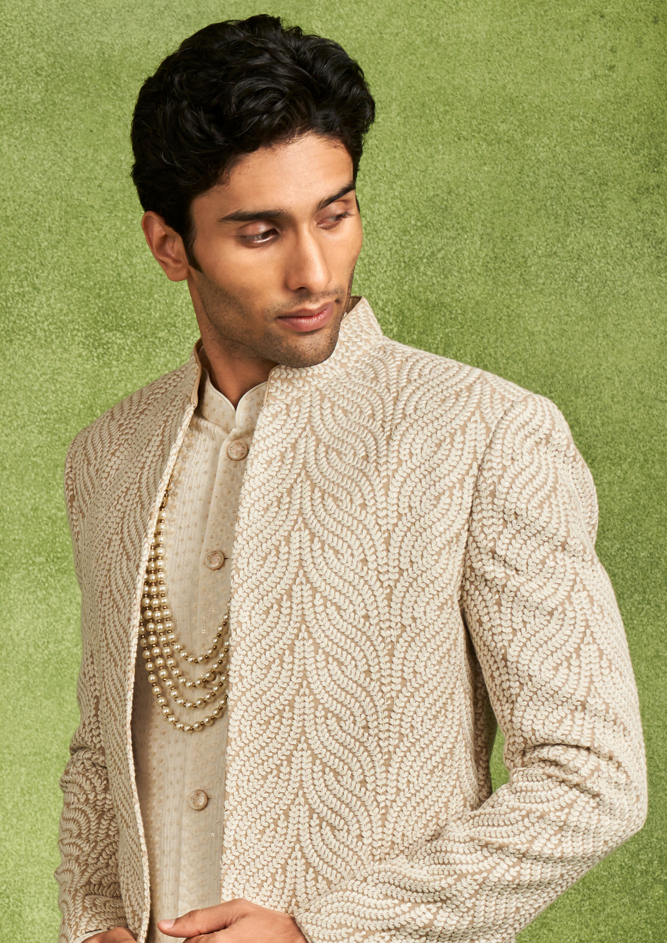 Twamev Men Beige Georgette Grandeur Indo Western