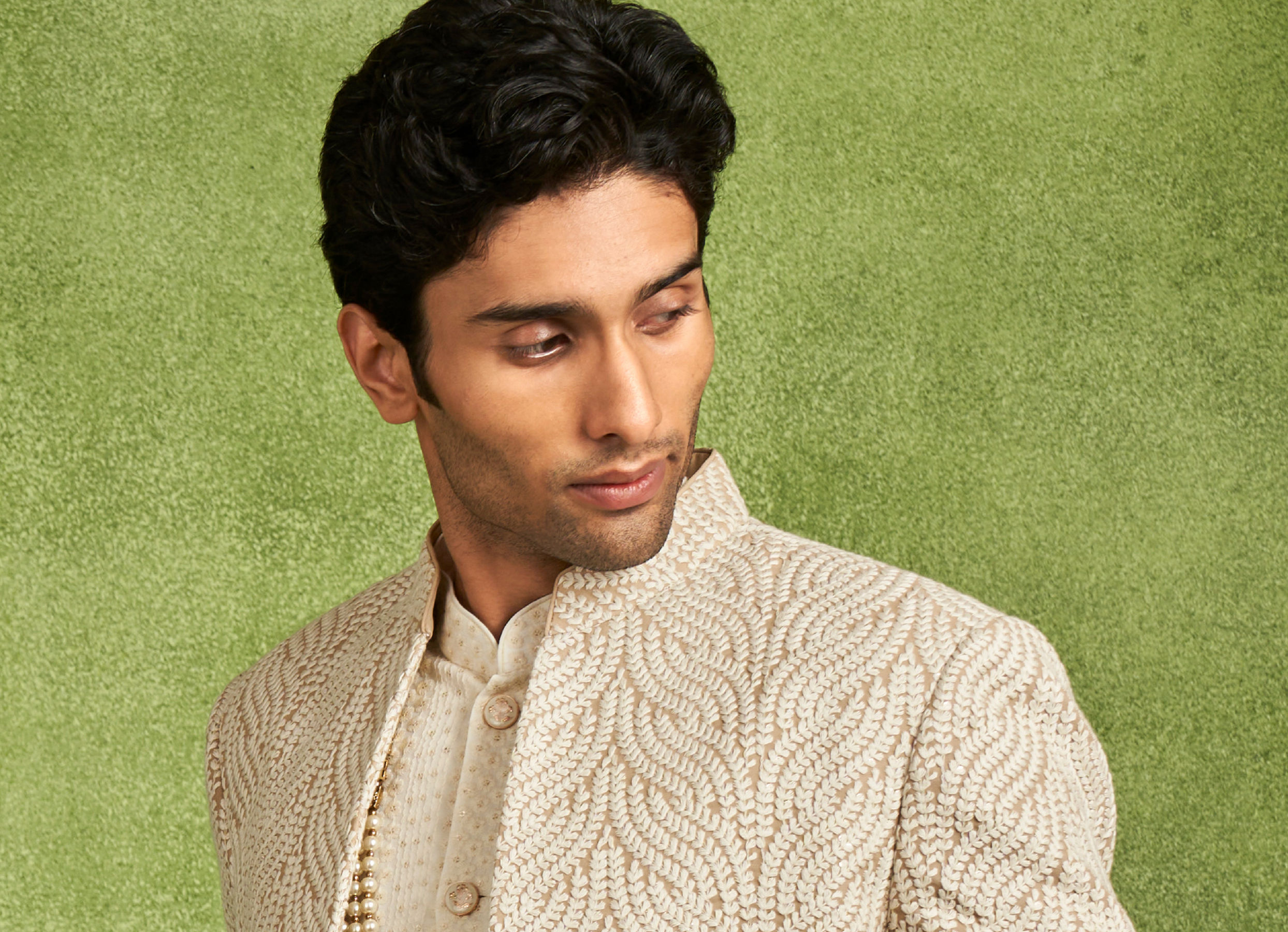 Twamev Men Beige Georgette Grandeur Indo Western