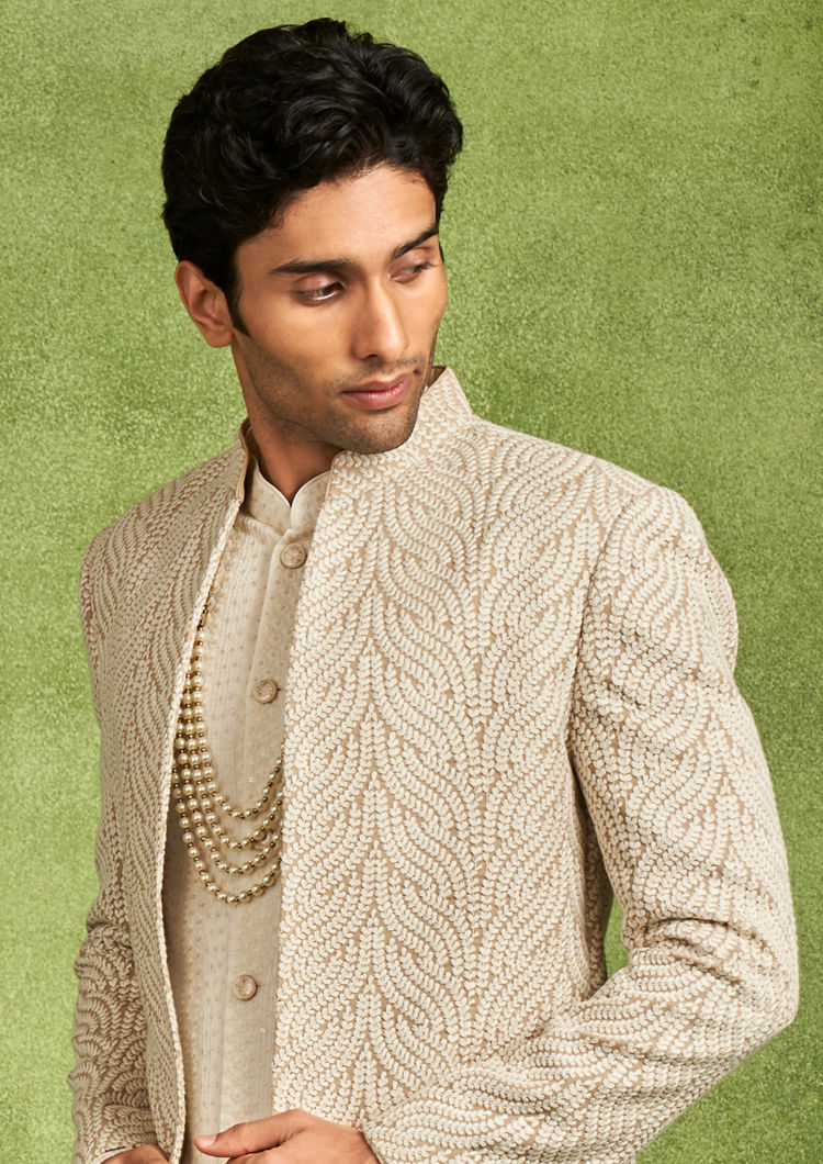 Twamev Men Beige Georgette Grandeur Indo Western