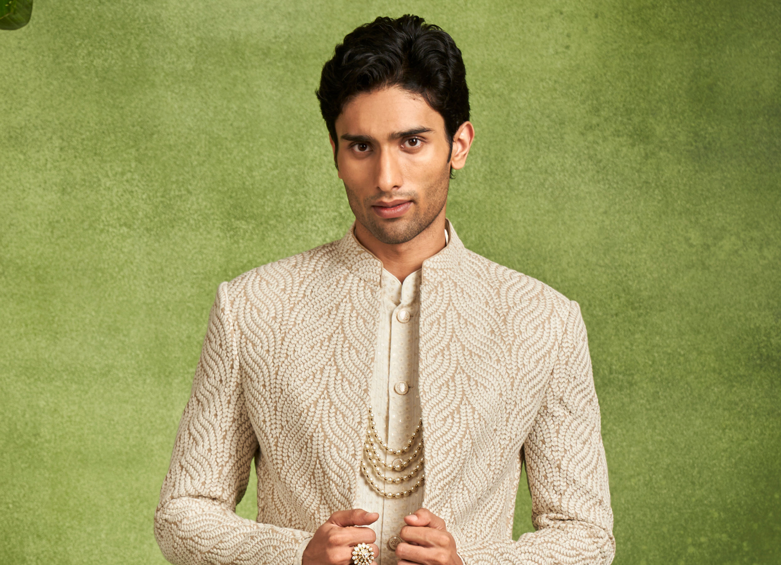 Twamev Men Beige Georgette Grandeur Indo Western