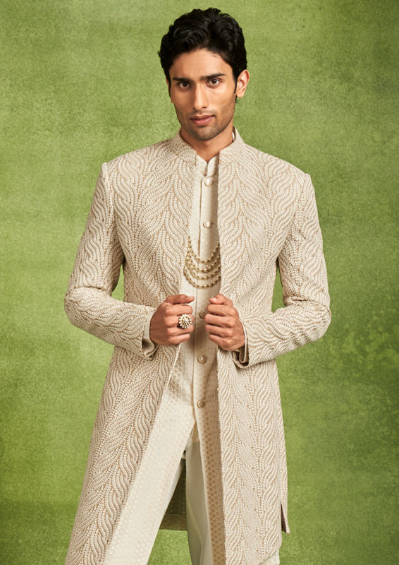 Twamev Men Beige Georgette Grandeur Indo Western