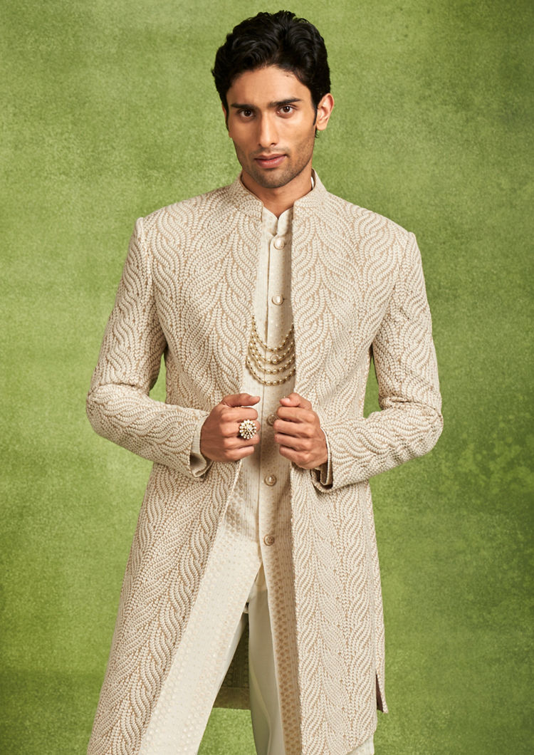 Twamev Men Beige Georgette Grandeur Indo Western