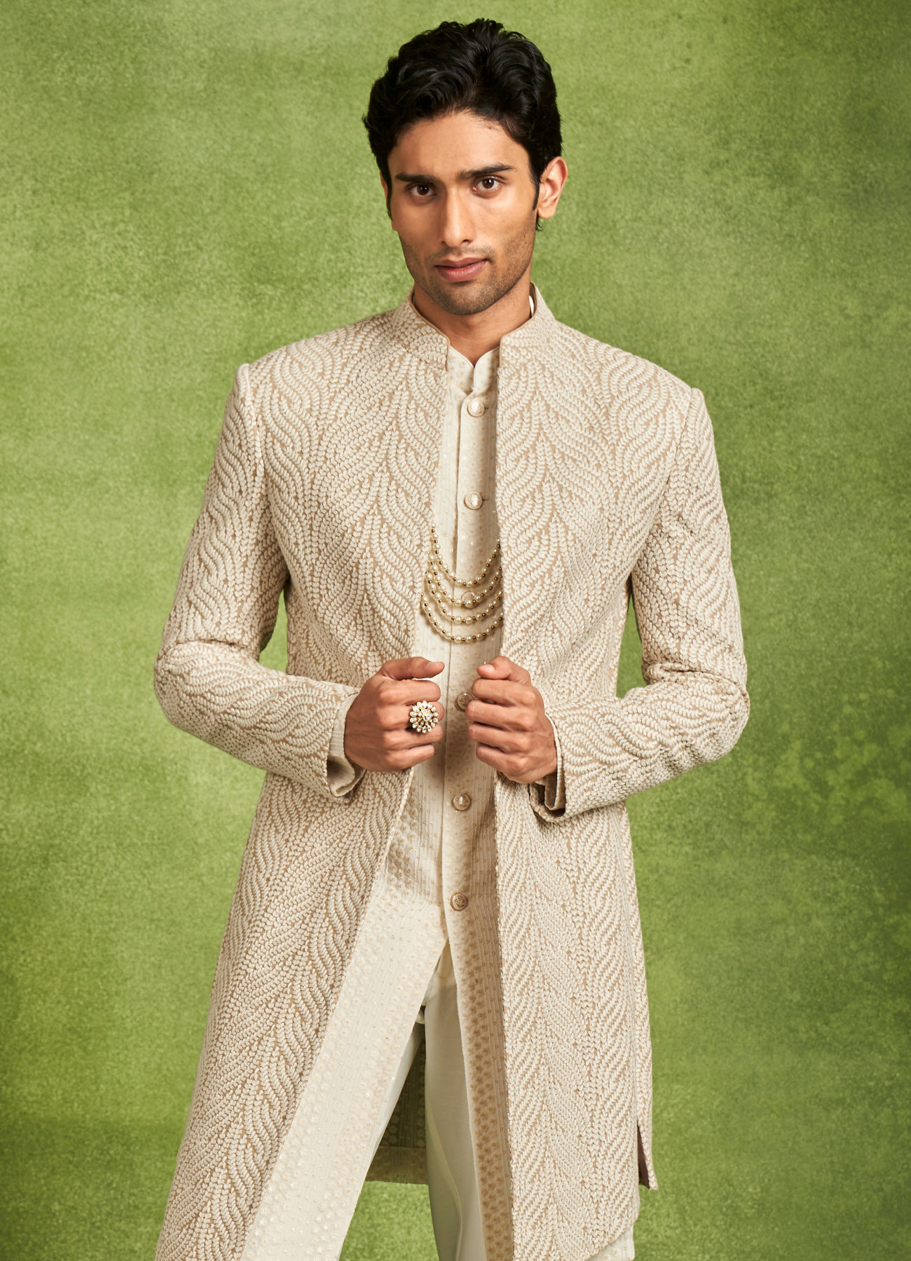 Twamev Men Beige Georgette Grandeur Indo Western