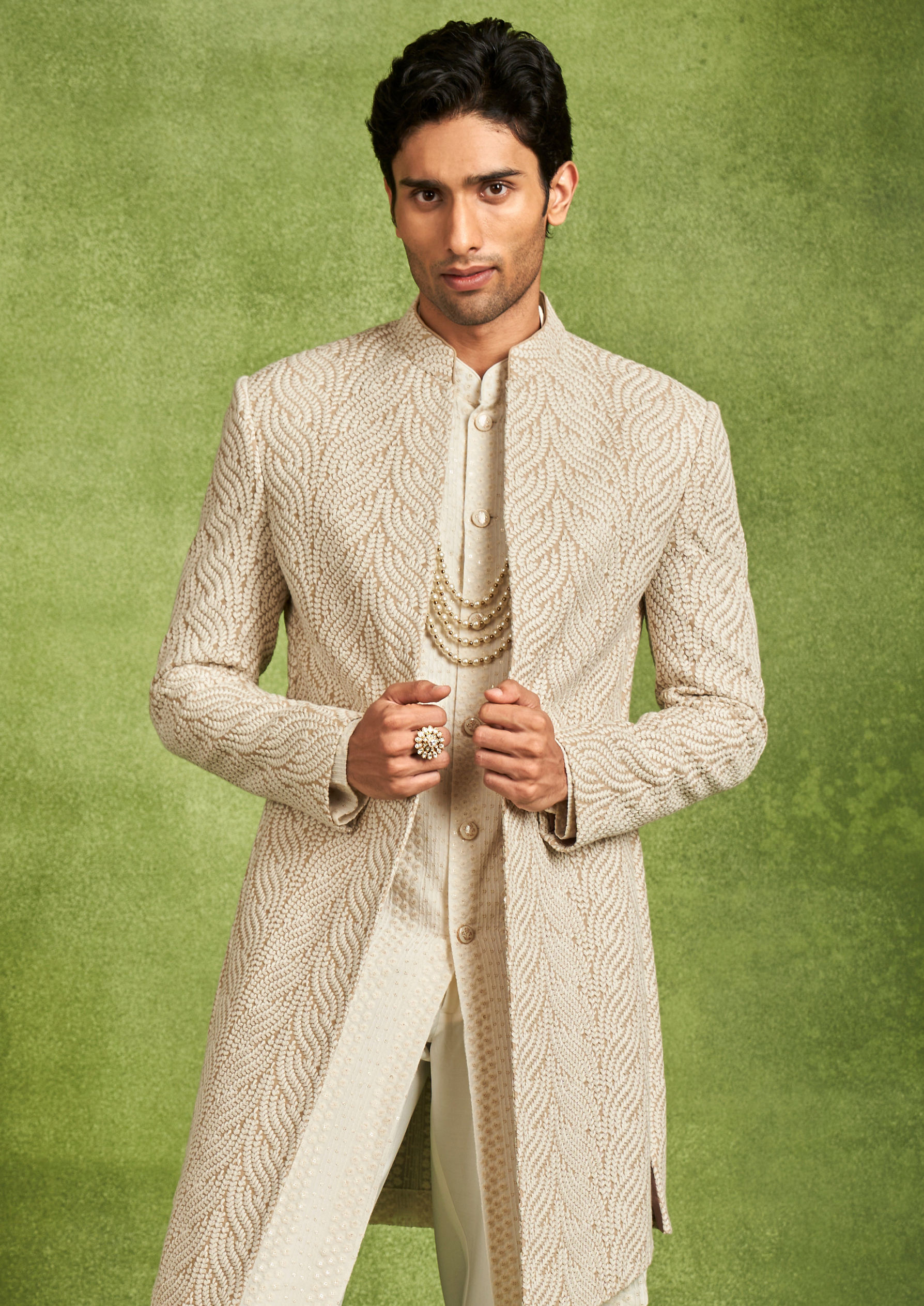 Twamev Men Beige Georgette Grandeur Indo Western