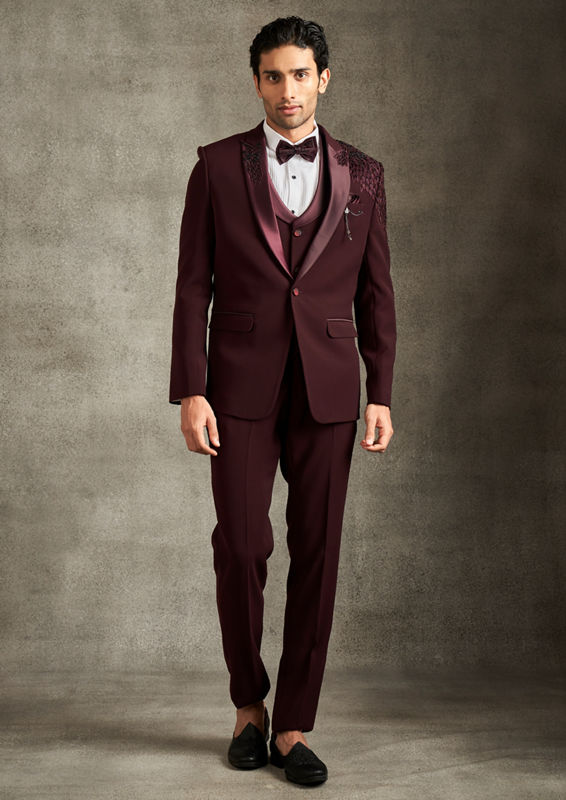 Twamev Men Wine Colored Regalia Suit Set
