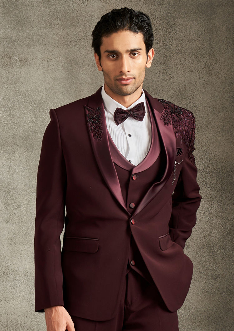 Twamev Men Wine Colored Regalia Suit Set