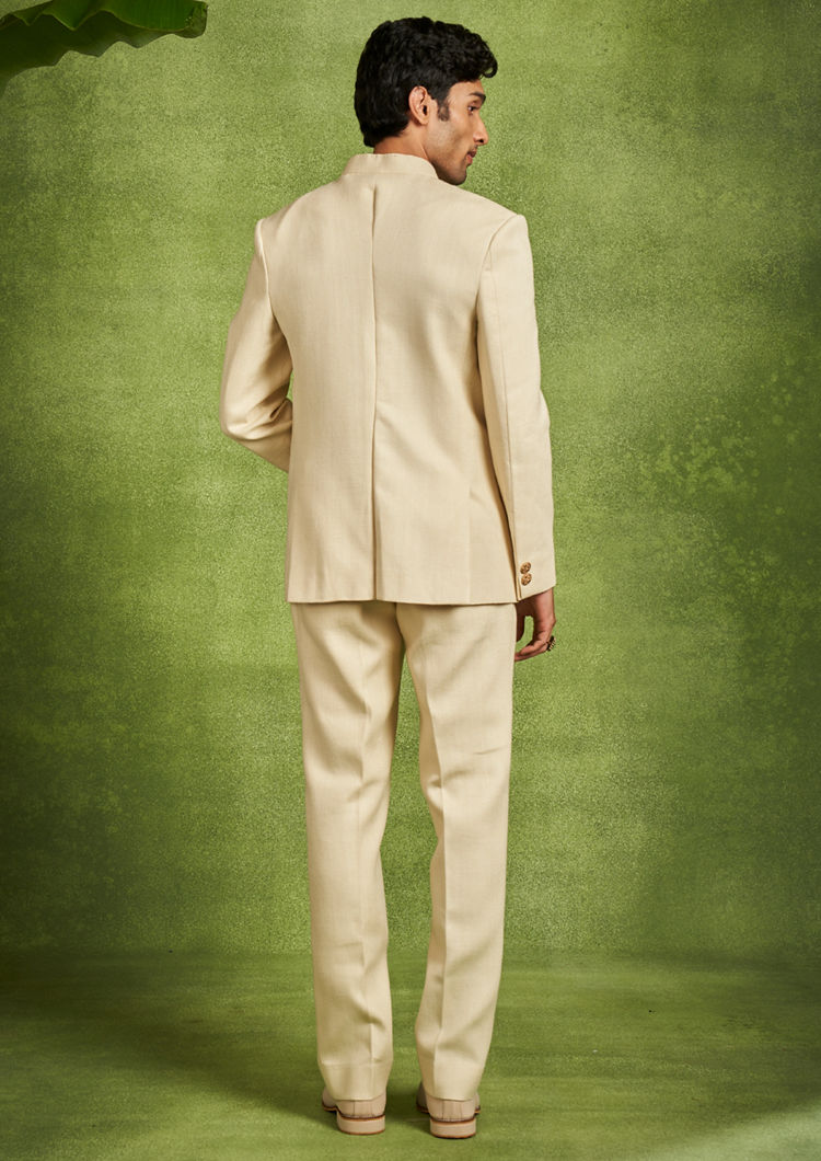 Twamev Men Cream Zari Embroidered Rayon Jodhpuri Set