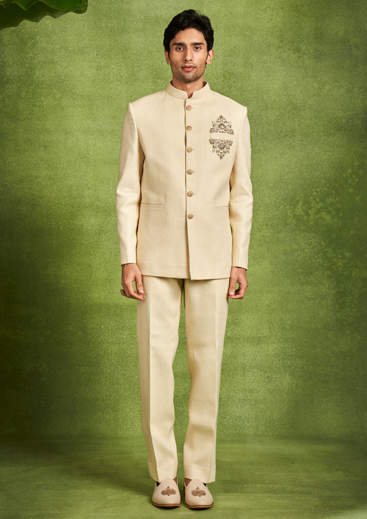 Twamev Men Cream Zari Embroidered Rayon Jodhpuri Set