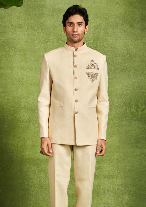 Twamev Men Cream Zari Embroidered Rayon Jodhpuri Set