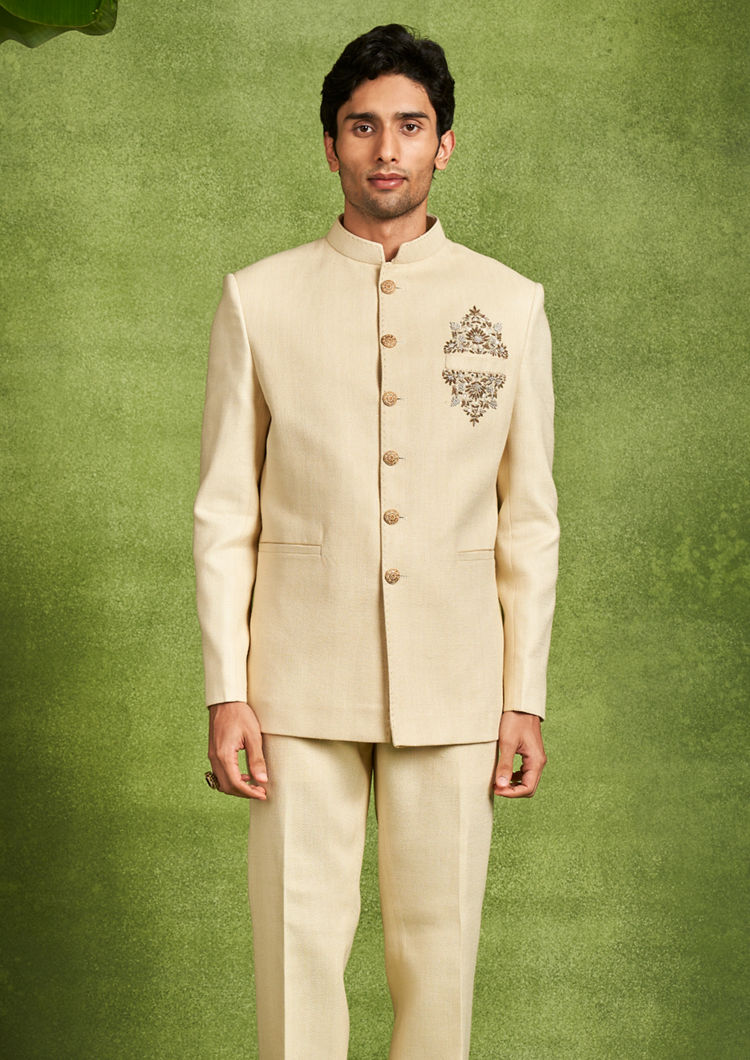 Twamev Men Cream Zari Embroidered Rayon Jodhpuri Set