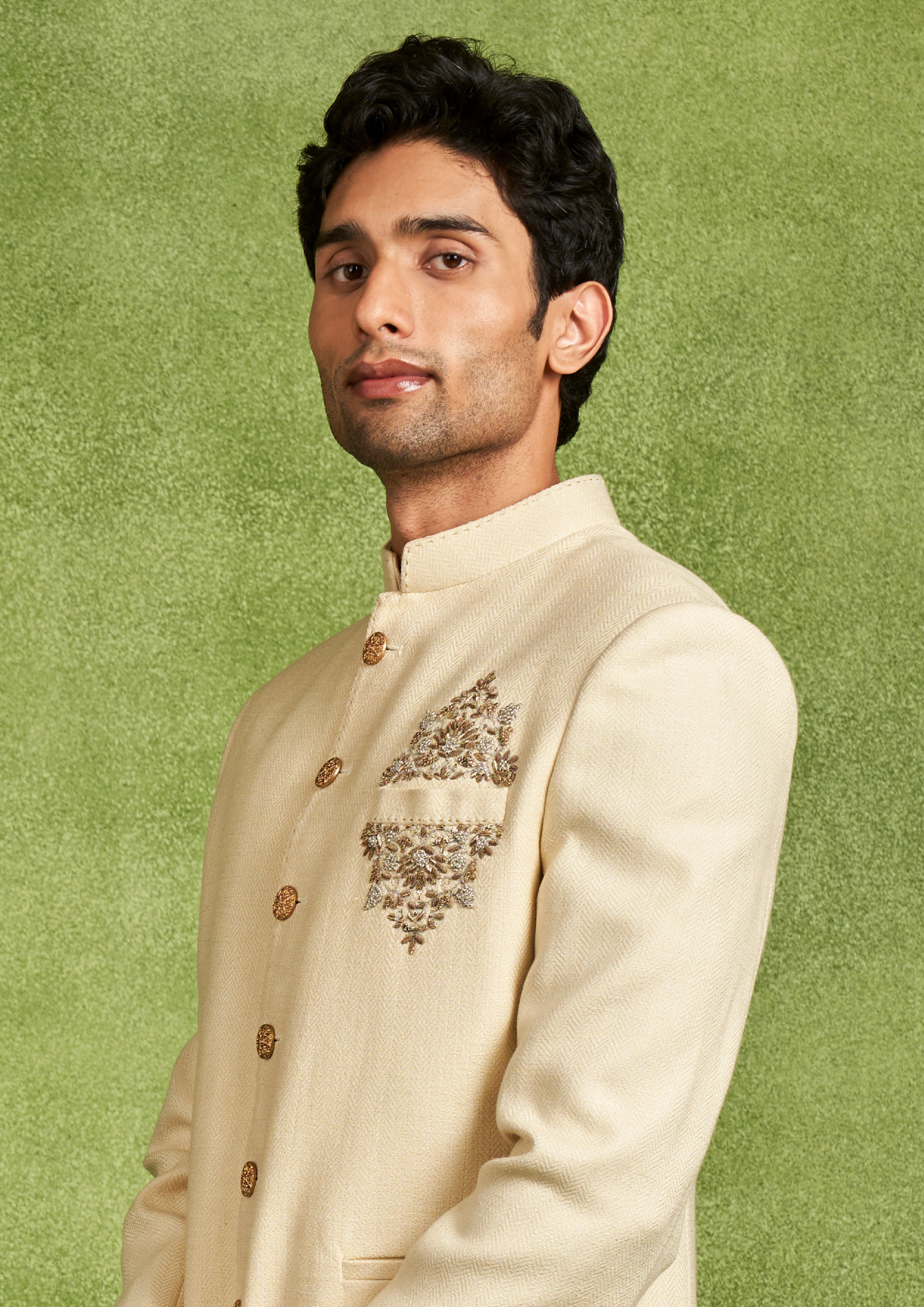 Twamev Men Cream Zari Embroidered Rayon Jodhpuri Set