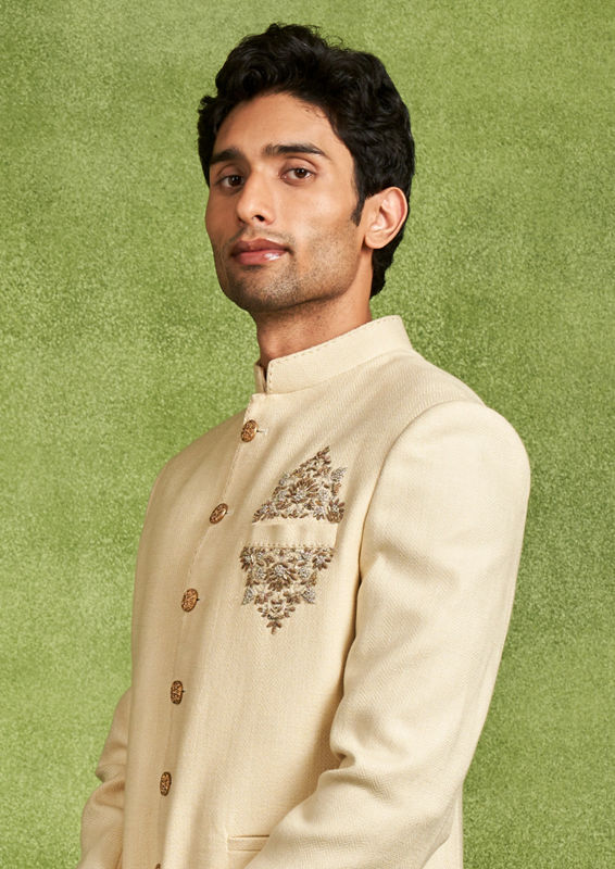 Twamev Men Cream Zari Embroidered Rayon Jodhpuri Set