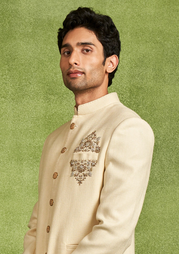 Twamev Men Cream Zari Embroidered Rayon Jodhpuri Set
