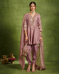 Twamev Women Lavender Silk Mirror Work Dhoti Suit