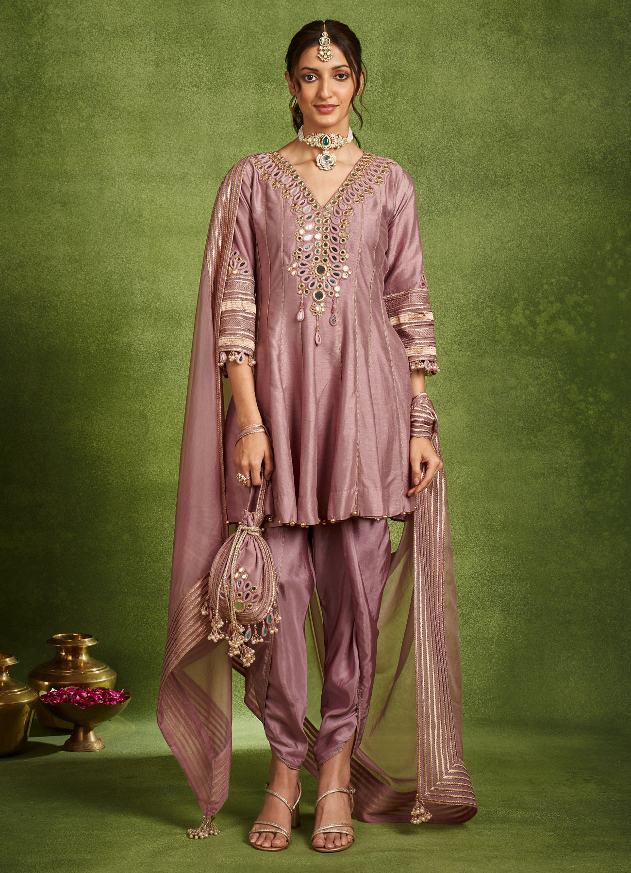 Twamev Women Lavender Silk Mirror Work Dhoti Suit