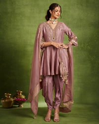 Twamev Women Lavender Silk Mirror Work Dhoti Suit