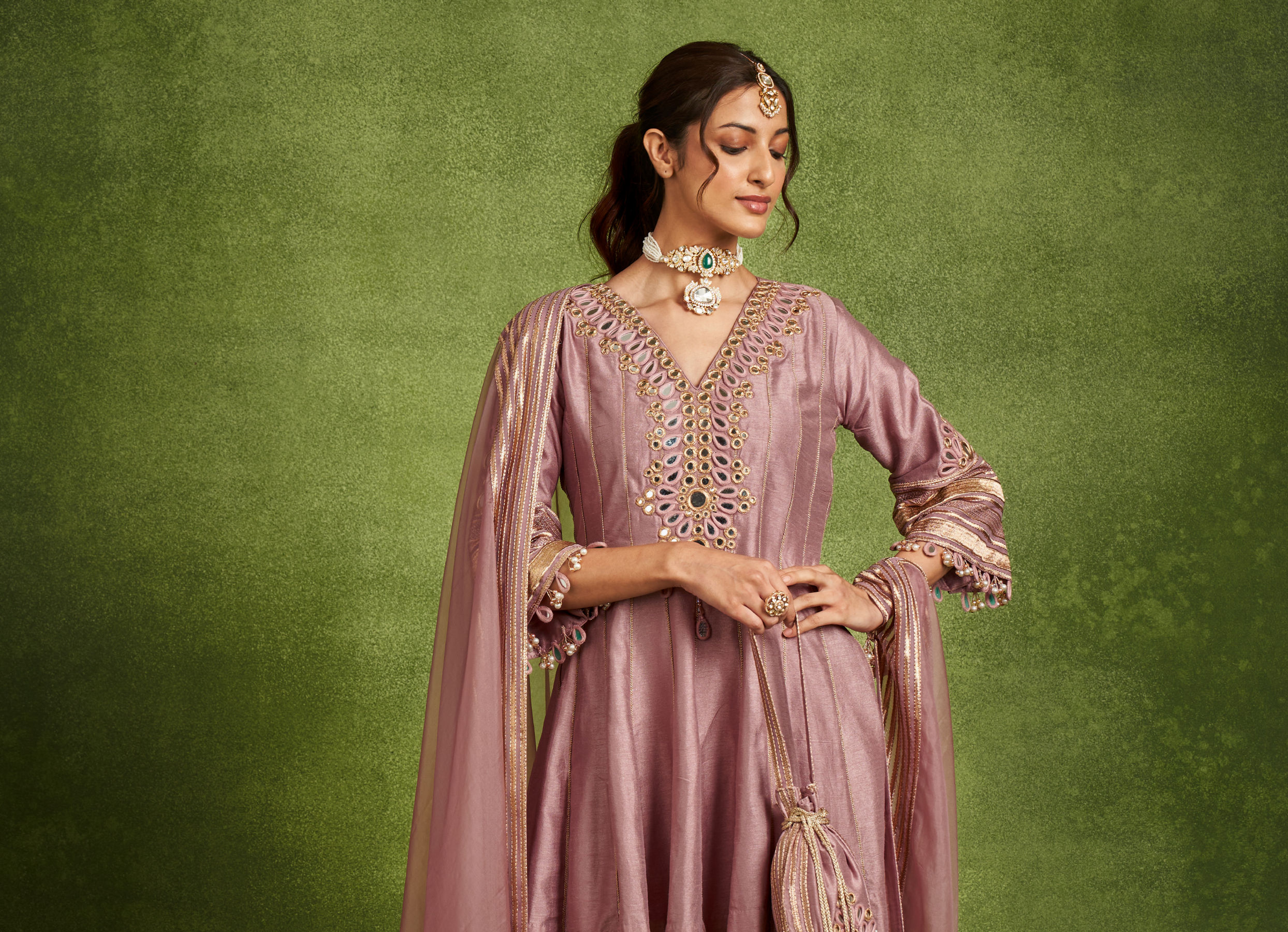 Twamev Women Lavender Silk Mirror Work Dhoti Suit
