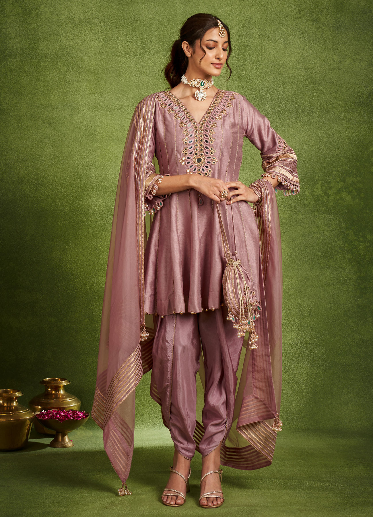 Twamev Women Lavender Silk Mirror Work Dhoti Suit