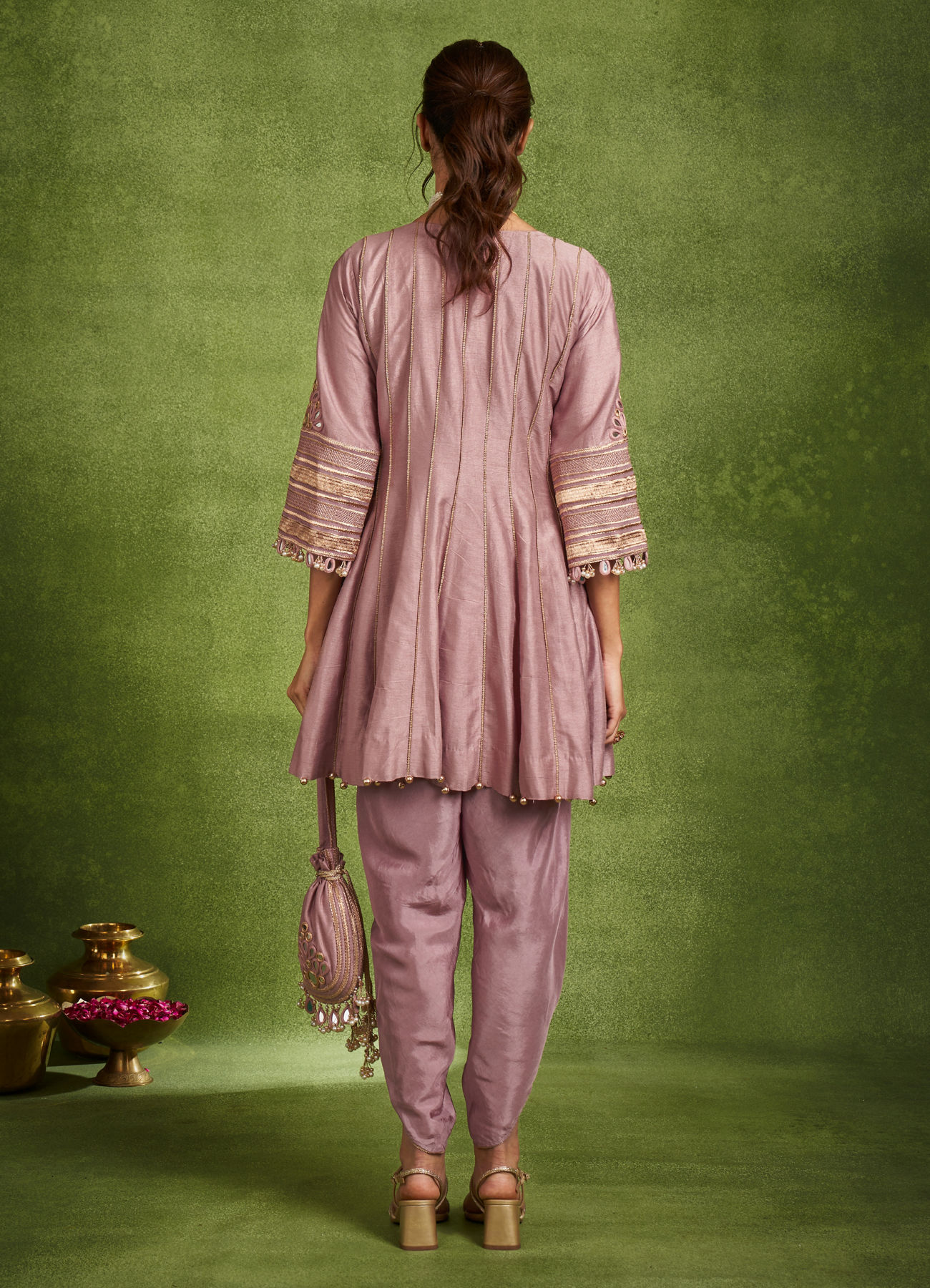Twamev Women Lavender Silk Mirror Work Dhoti Suit