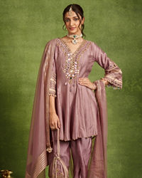 Twamev Women Lavender Silk Mirror Work Dhoti Suit