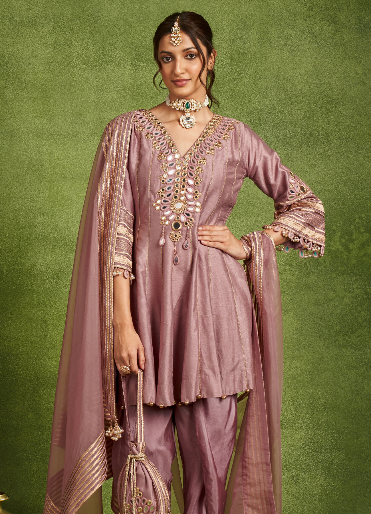 Twamev Women Lavender Silk Mirror Work Dhoti Suit