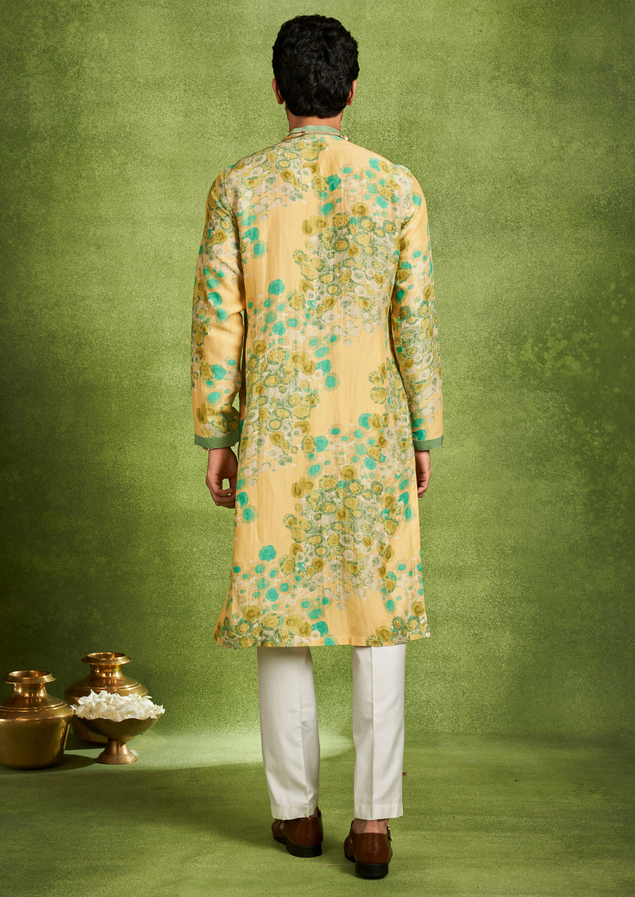 Twamev Men Sunbeam Yellow Teal Green Kurta Pajama