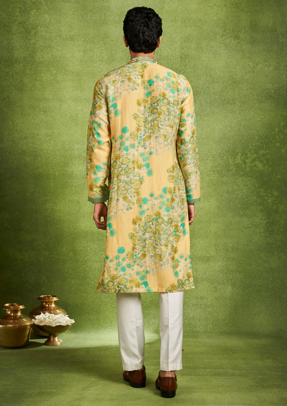 Twamev Men Sunbeam Yellow Teal Green Kurta Pajama