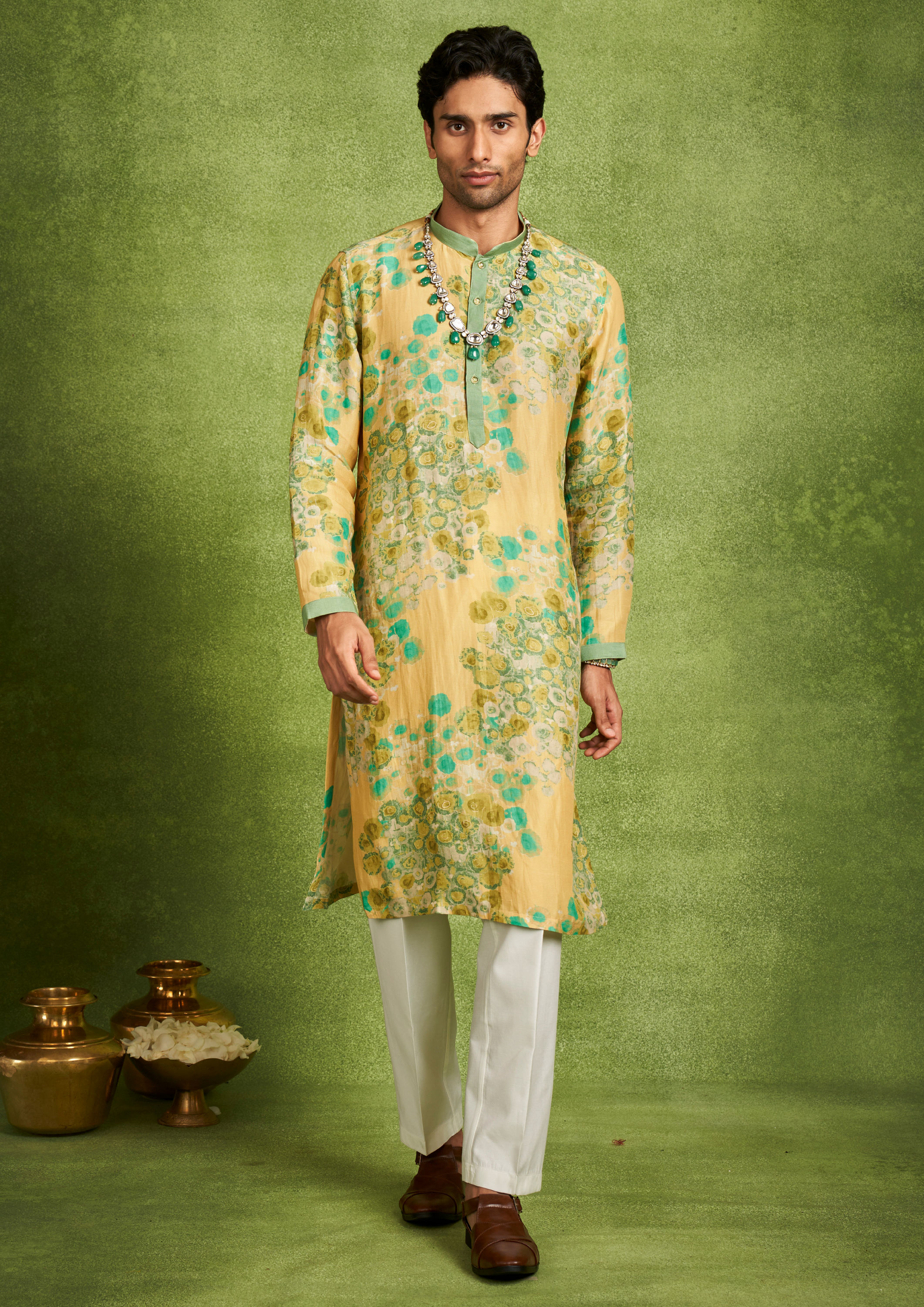 Twamev Men Sunbeam Yellow Teal Green Kurta Pajama