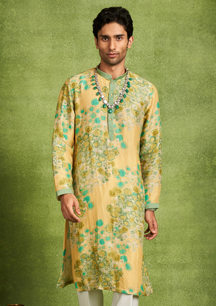 Twamev Men Sunbeam Yellow Teal Green Kurta Pajama