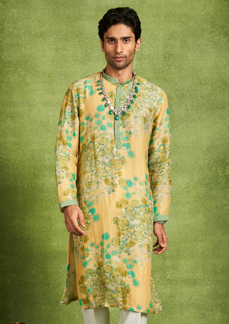 Twamev Men Sunbeam Yellow Teal Green Kurta Pajama